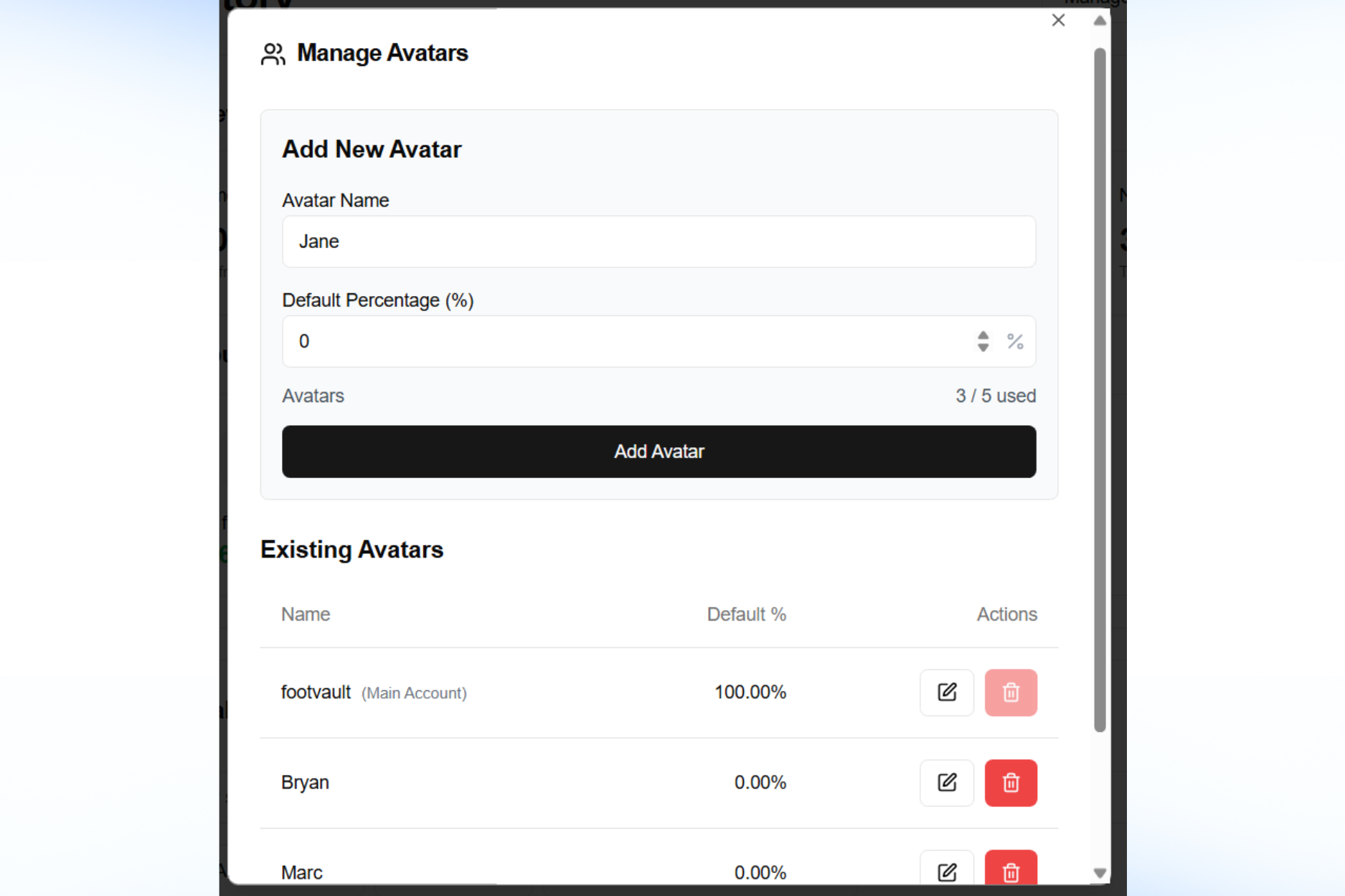 Team Avatar Management Interface